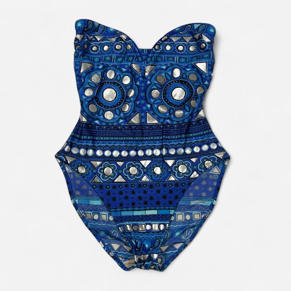 Vintage 1989 Gottex Boho Strapless Blue Metallic One Piece